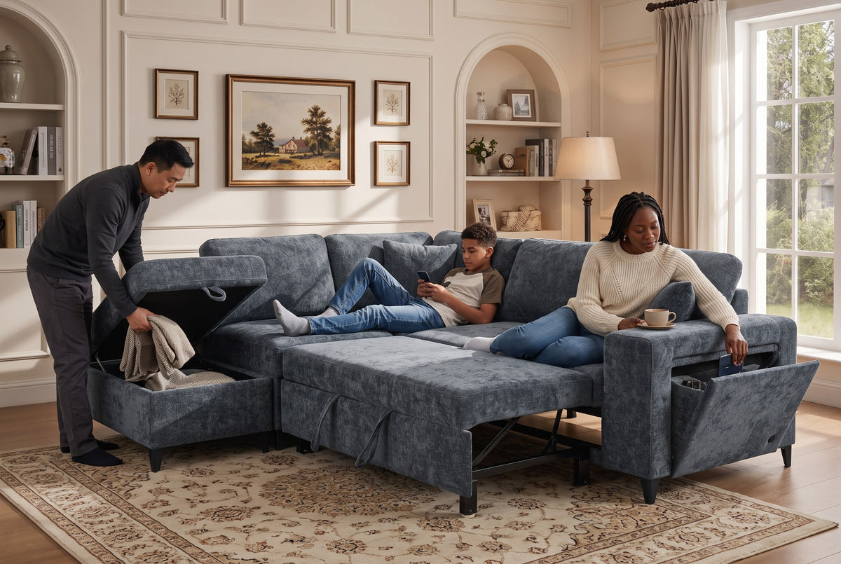 Blue Chenille Fabric 1C2 Corner Sofabed with Storage JAMIE