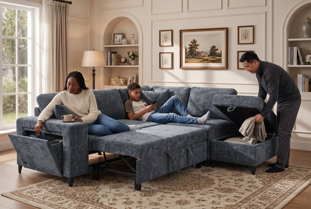 Blue Chenille Fabric 2C1 Corner Sofabed with Storage JAMIE
