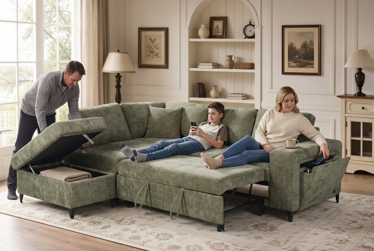 Green Chenille Fabric 1C2 Corner Sofabed with Storage JAMIE