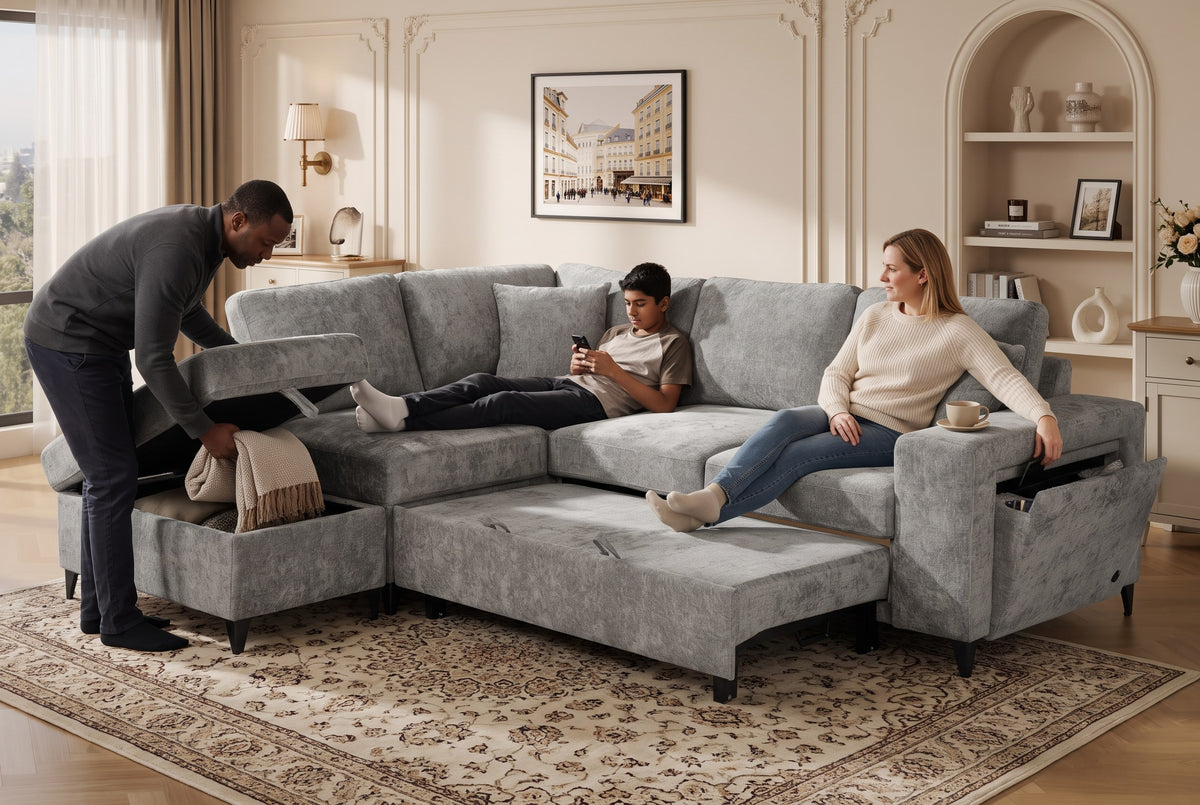 Grey Chenille Fabric 1C2 Corner Sofabed with Storage JAMIE