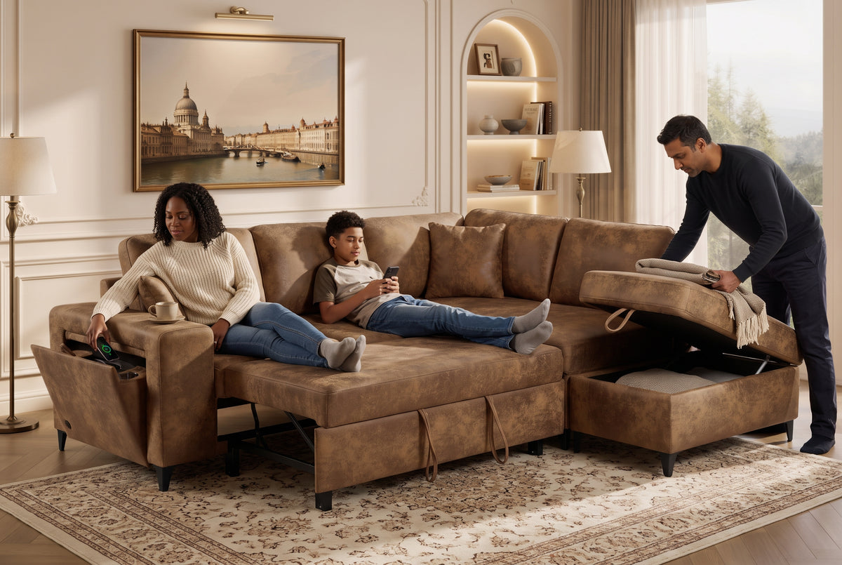 Faux Leather Suede Brown 2C1 Corner Sofabed with Storage JAMIE