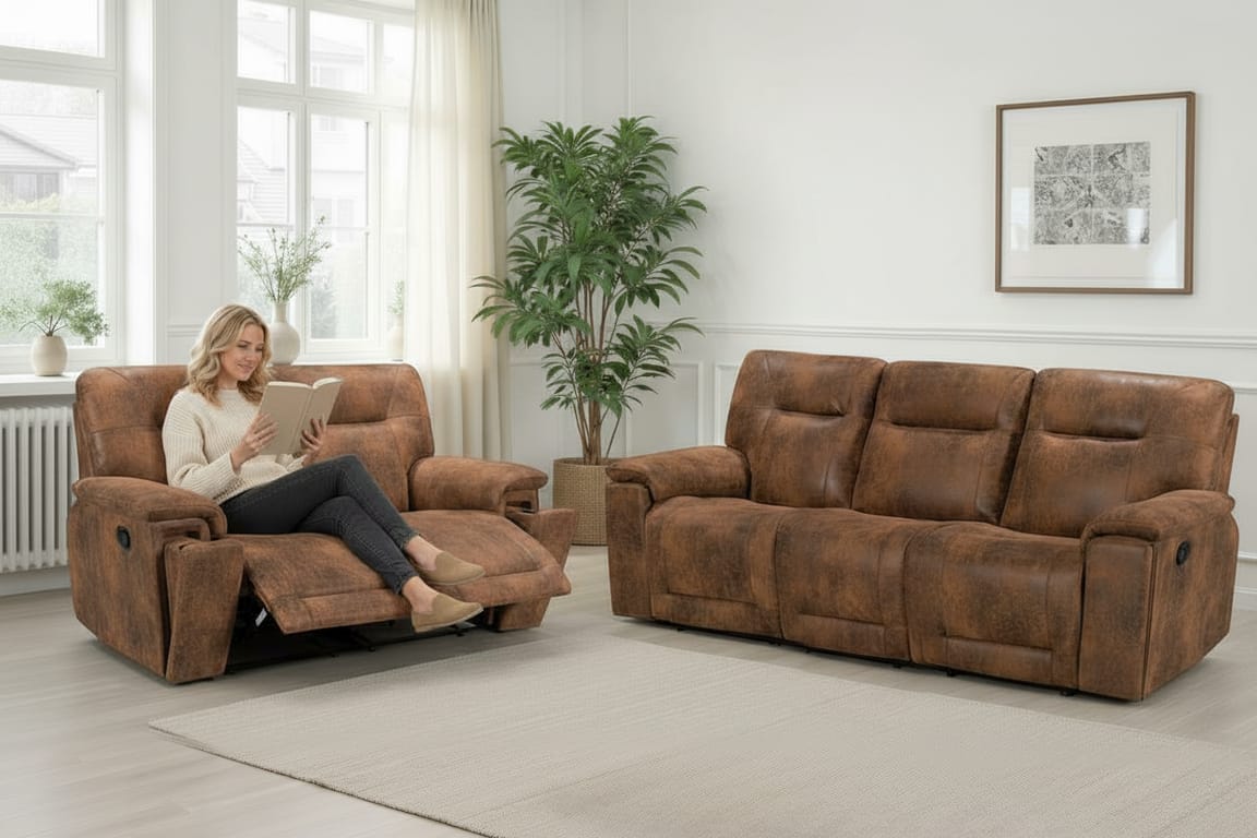 Faux Leather Suede Brown 3 + 1 Seater Manual Recliner Sofa Set MURCIA