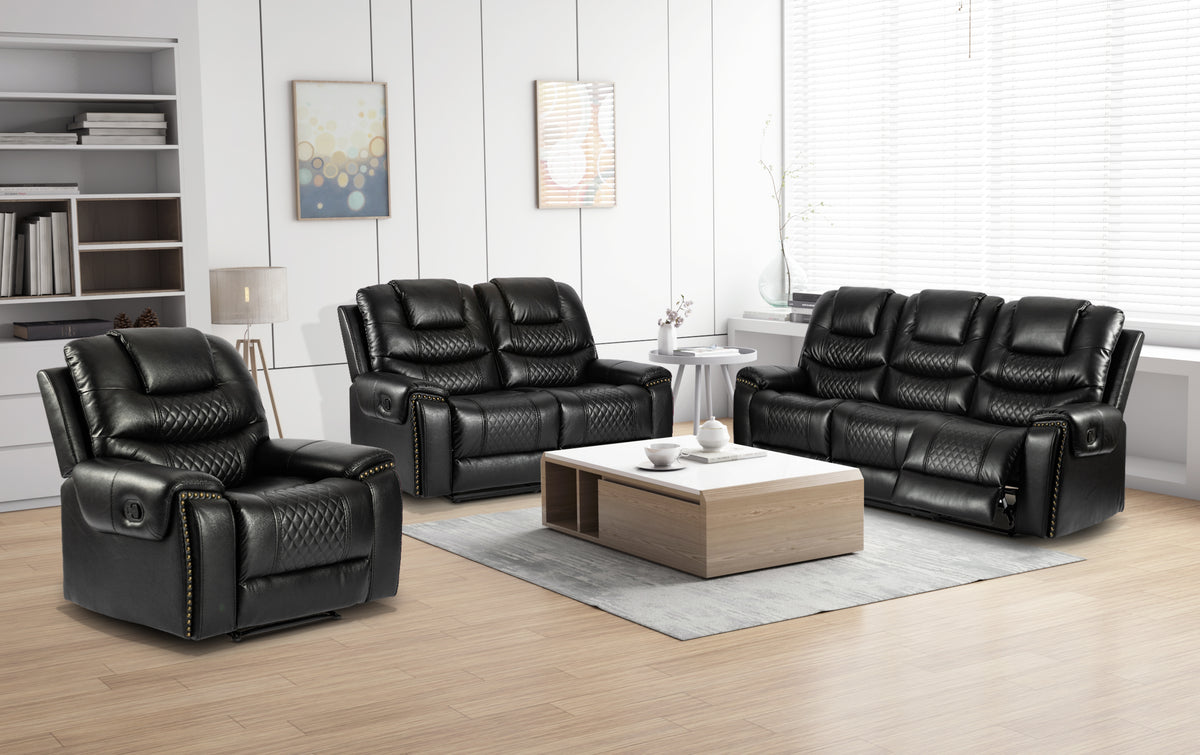Faux Leather Black 3 + 2 + 1 Seater Manual Recliner Sofa Set RAVENNA