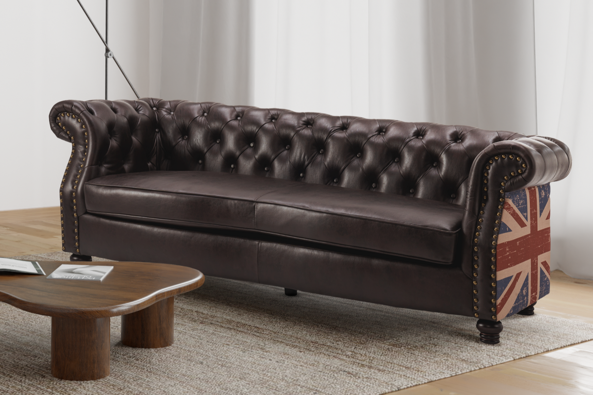 Leather Air Brown 3 Seater Union Jack Chesterfield Sofa