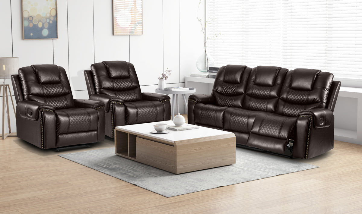 Faux Leather Brown 3 + 1 + 1 Seater Manual Recliner Sofa Set RAVENNA