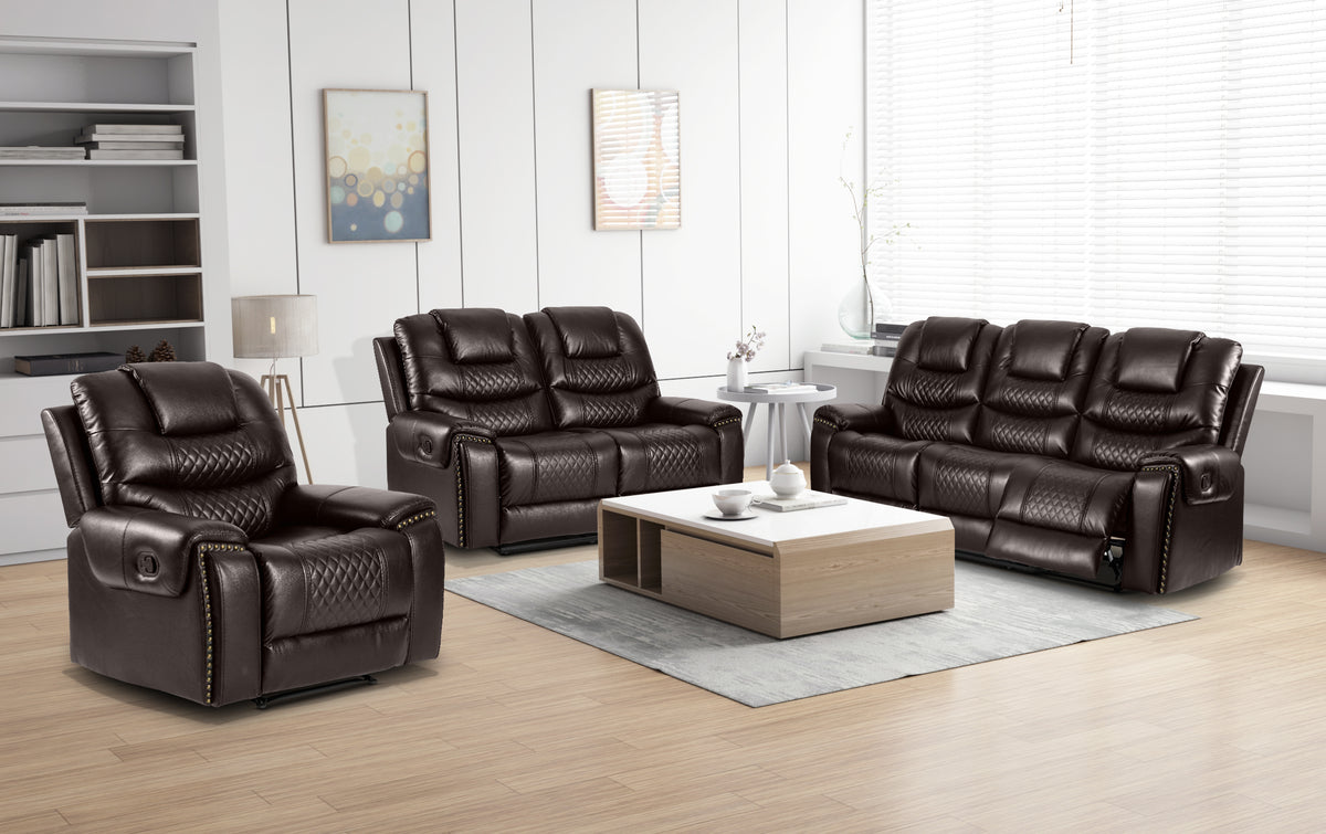 Faux Leather Brown 3 + 2 + 1 Seater Manual Recliner Sofa Set RAVENNA