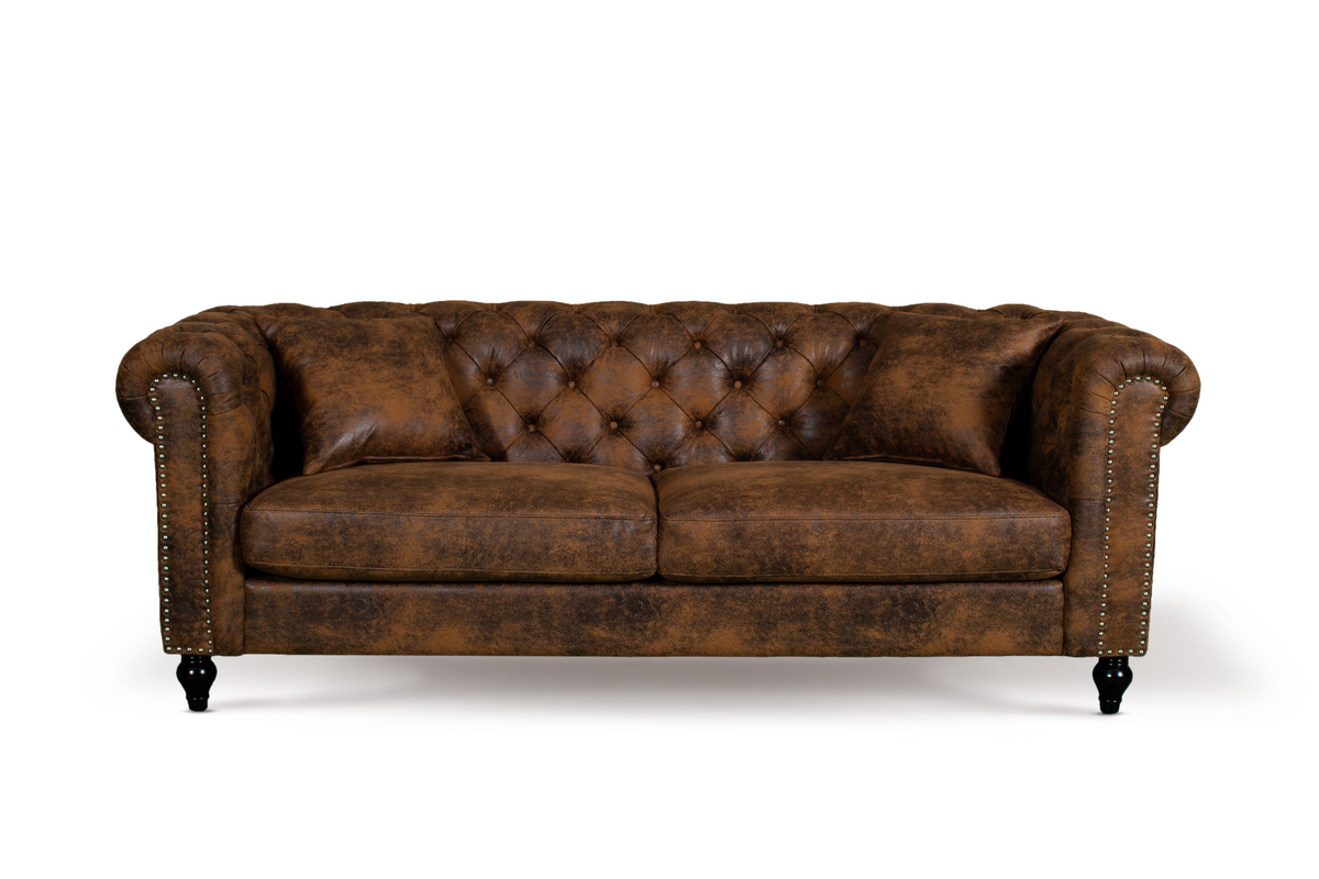 Leather Air Suede Brown 3 + 2 Seater Camden Chesterfield Sofa Set With Wooden Feet