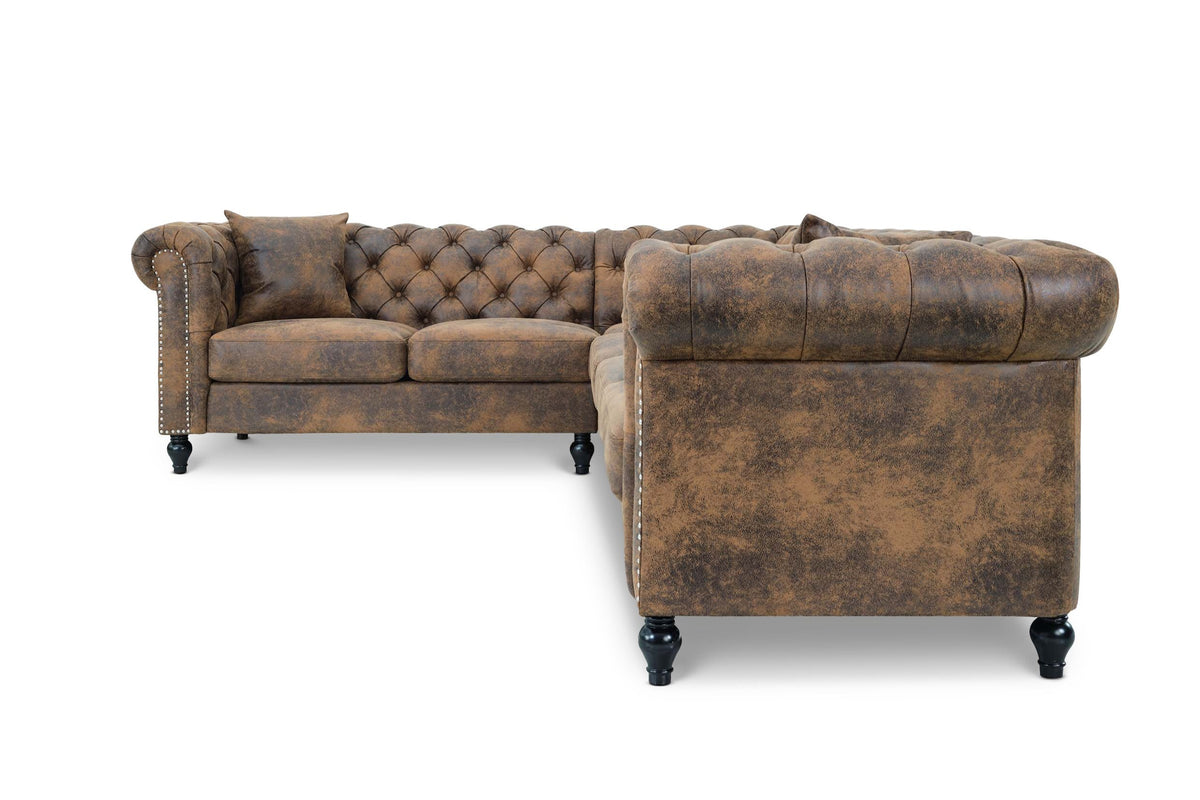 Leather Air Suede Brown Camden 2C3 Chesterfield Corner Sofa With Wooden Feet