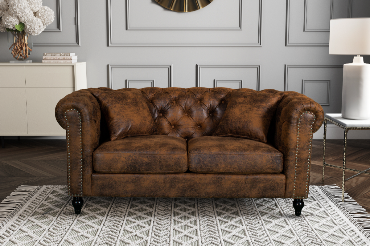 Leather Air Suede Brown Camden 2 Seater Chesterfield Sofa With Wooden Feet