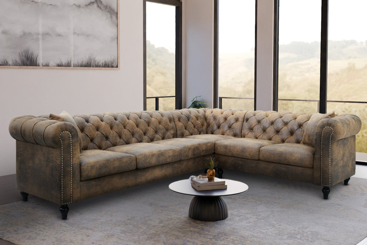 Leather Air Suede Brown Camden 3C2 Chesterfield Corner Sofa With Wooden Feet