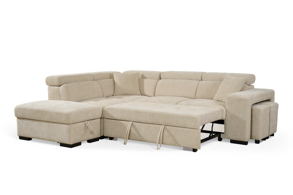 Light Beige Chenille Fabric 1C2 Corner Sofabed with Storage and Ottomans AMELIA