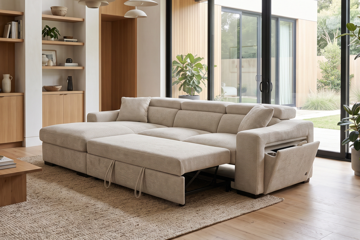 Light Beige Chenille Fabric 1C2 Corner Sofabed with Storage ARTHUR