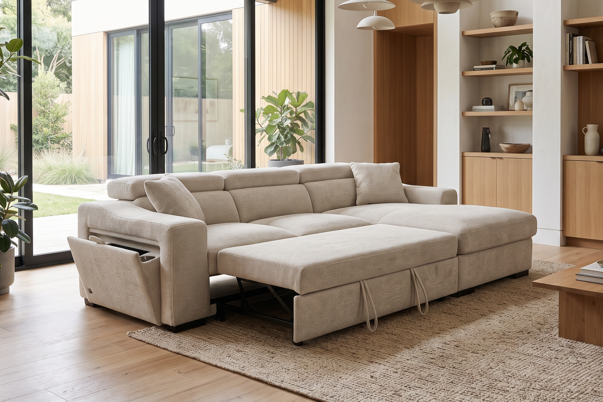 Light Beige Chenille Fabric 2C1 Corner Sofabed with Storage ARTHUR
