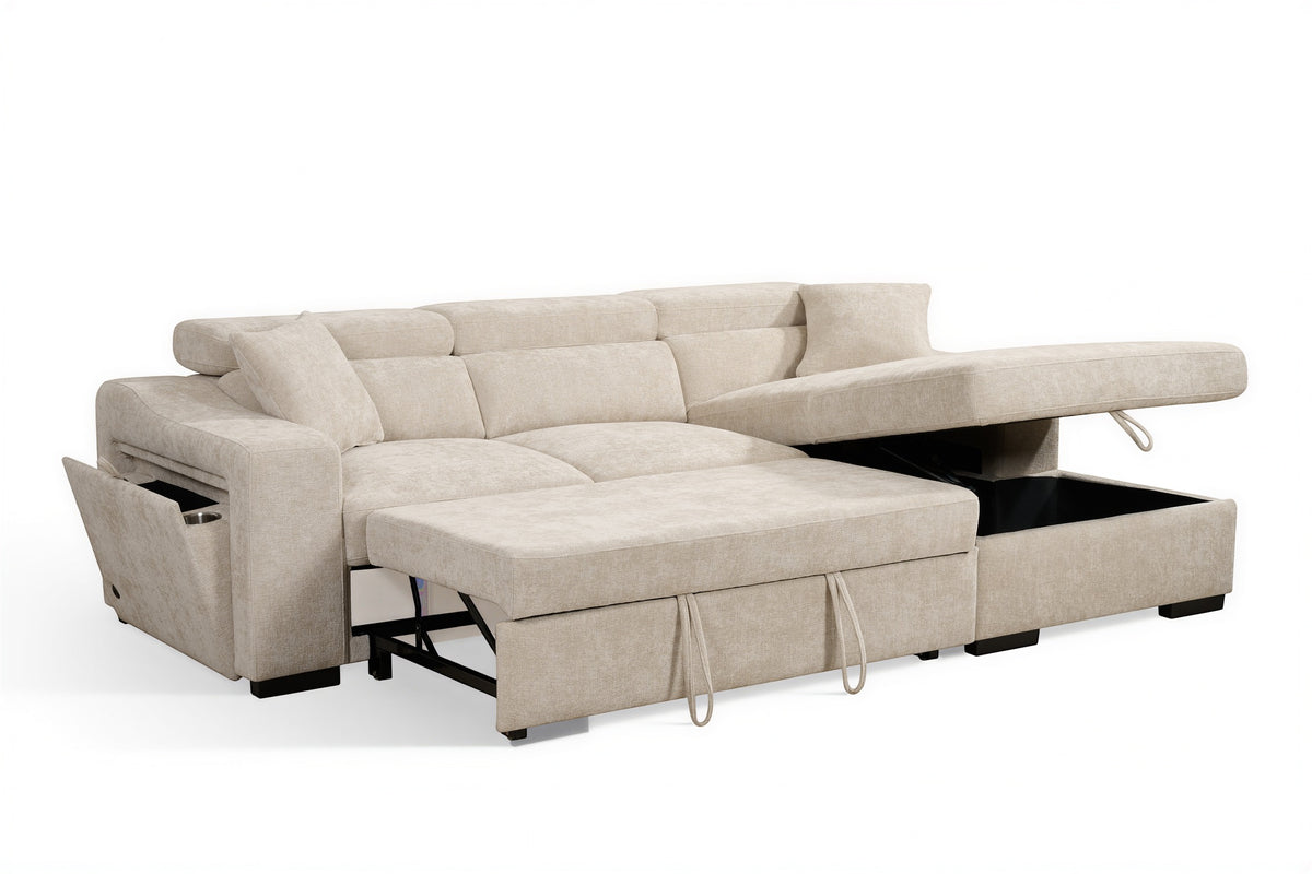 Light Beige Chenille Fabric 2C1 Corner Sofabed with Storage ARTHUR