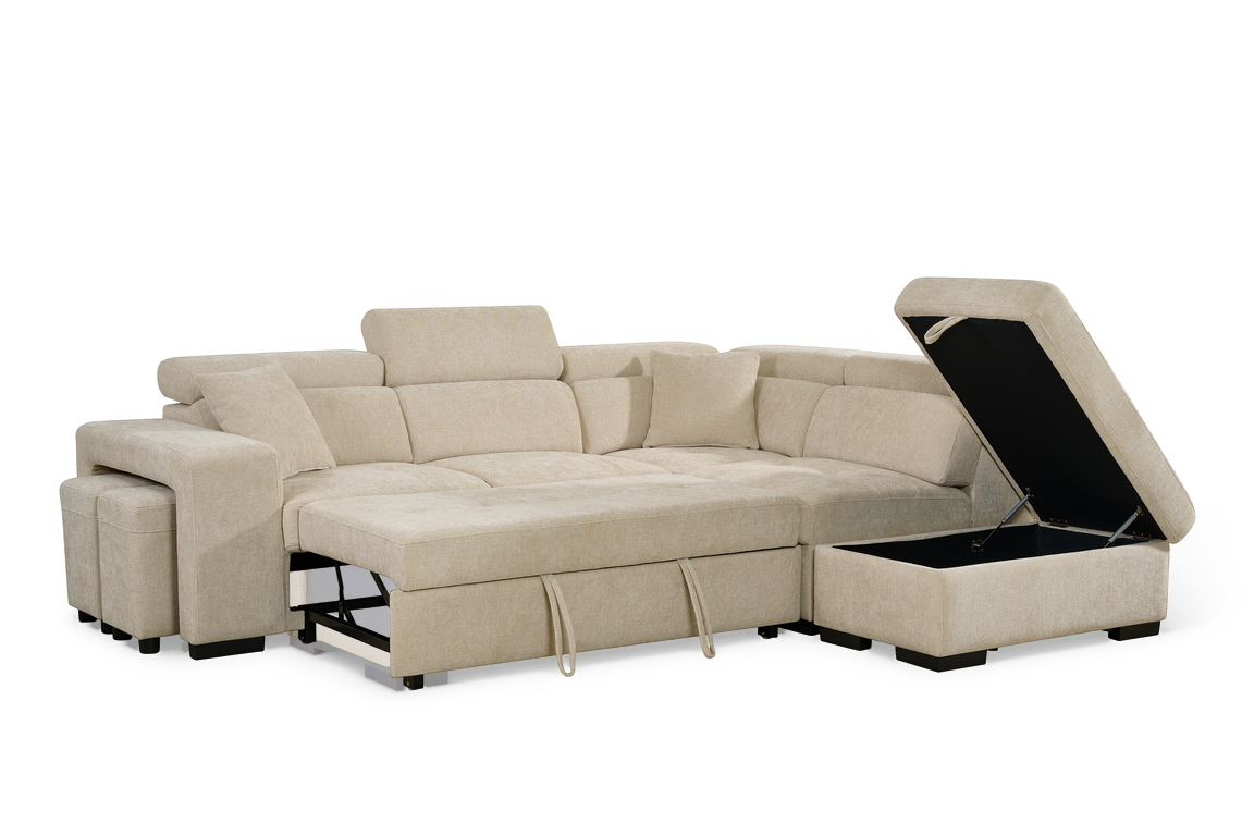 Light Beige Chenille Fabric 2C1 Corner Sofabed with Storage and Ottomans AMELIA