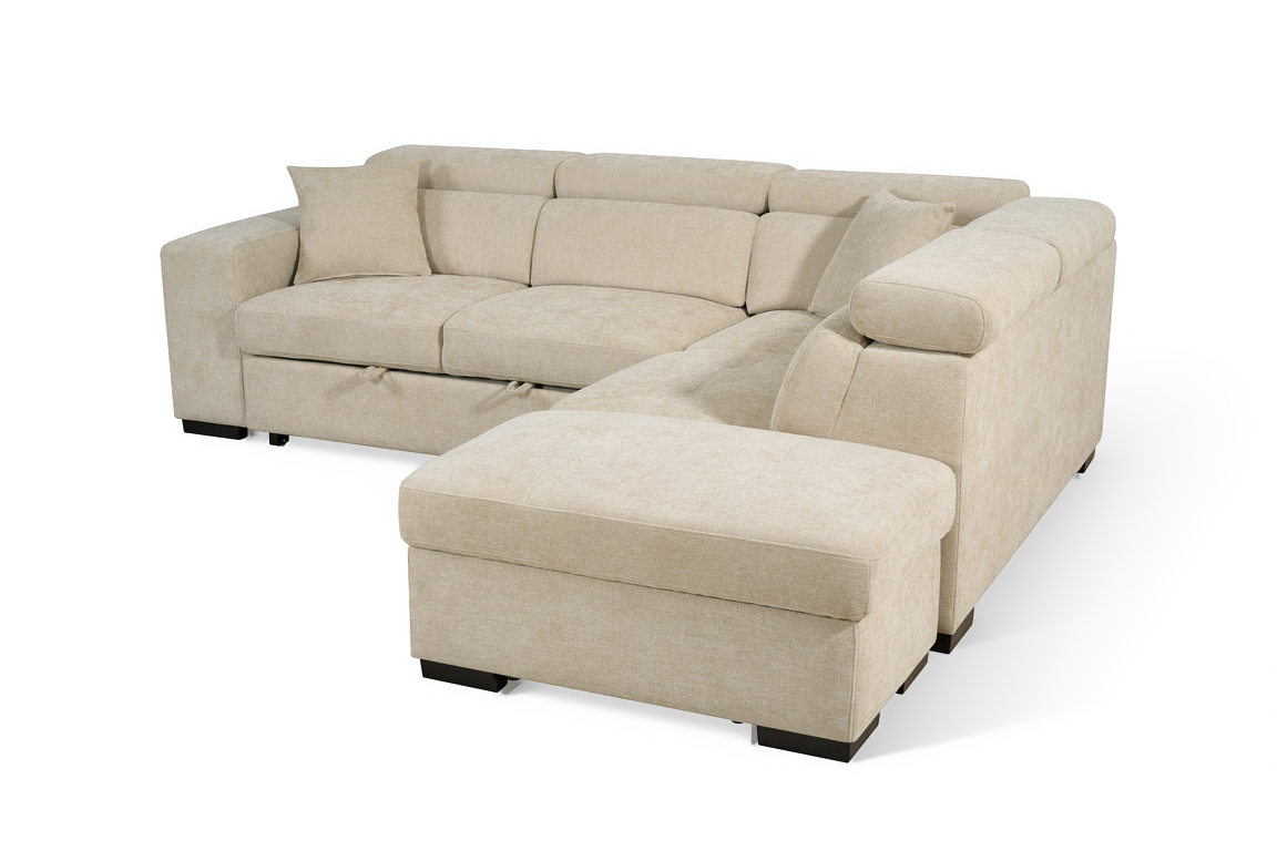 Light Beige Chenille Fabric 2C1 Corner Sofabed with Storage and Ottomans AMELIA