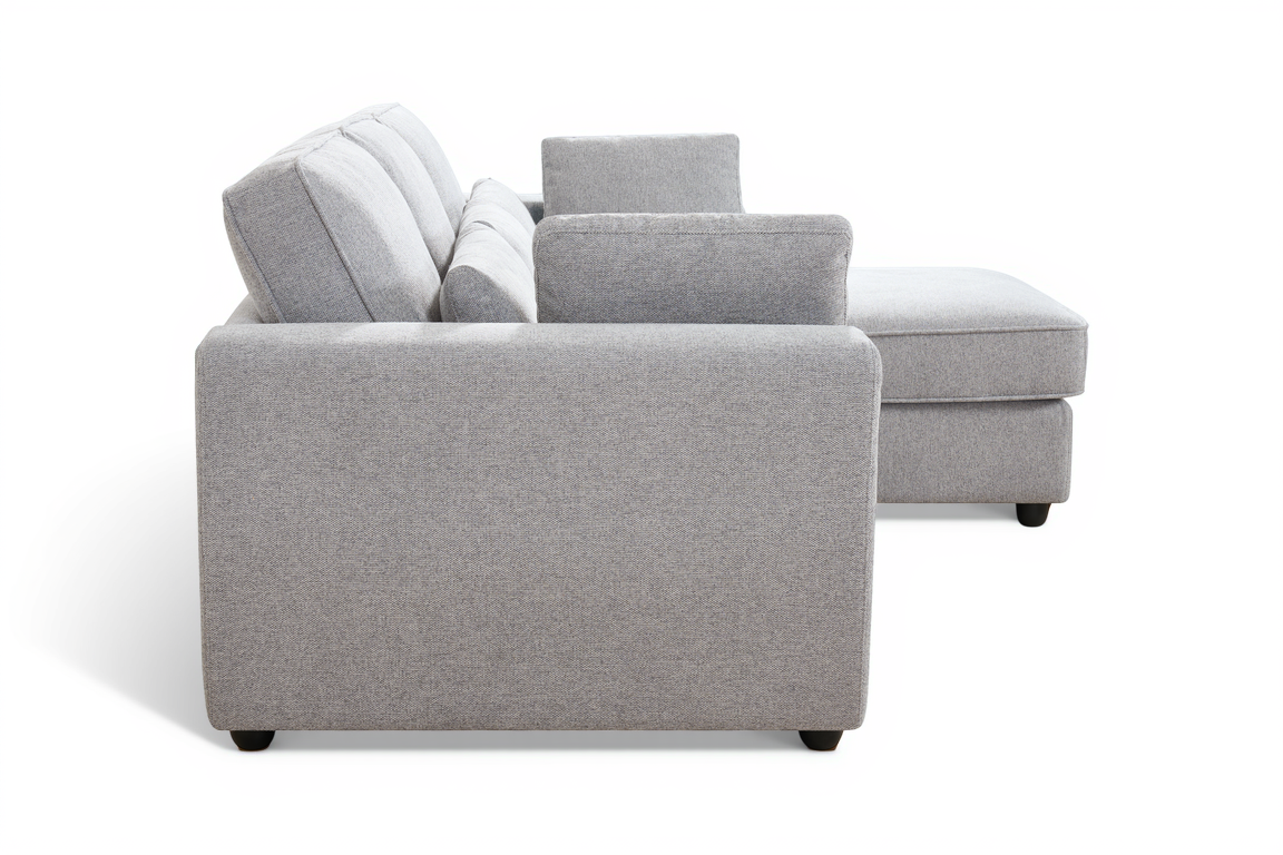 light grey chenille modern corner sofa with a chaise section, bolster cushions, and accent cushions