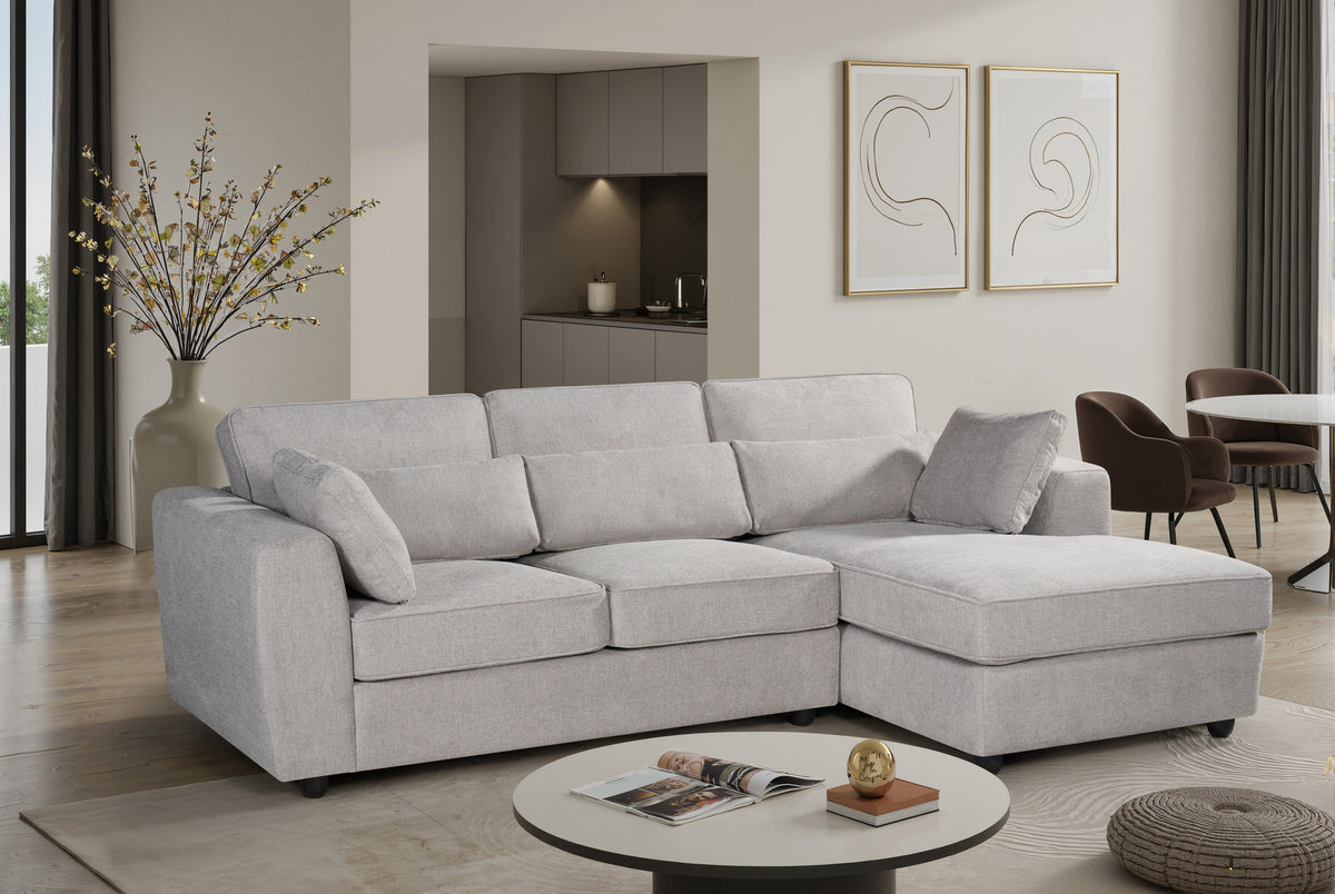 light grey chenille modern corner sofa with a chaise section in a living room