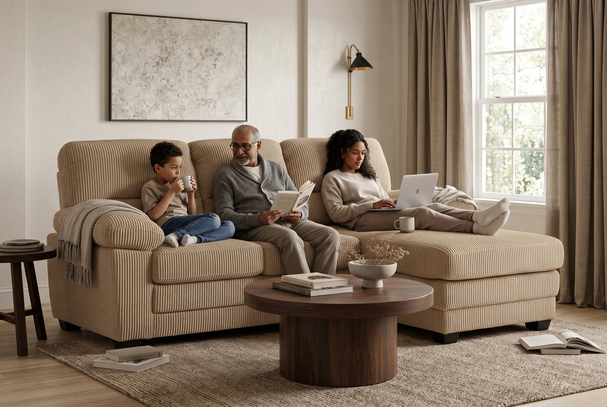 Beige Jumbo Cord Right Hand Facing L-Shaped Sofa with Chaise LINCOLN