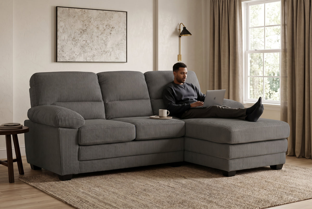 Grey Jumbo Cord Right Hand Facing L-Shaped Sofa with Chaise LINCOLN
