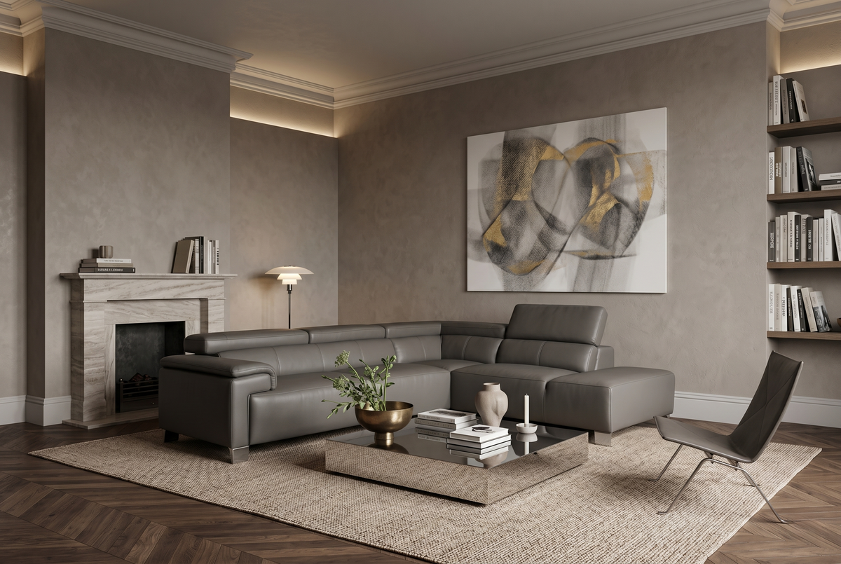 Genuine Leather Mid Grey Right Hand Facing Corner Sofa LIVORNO
