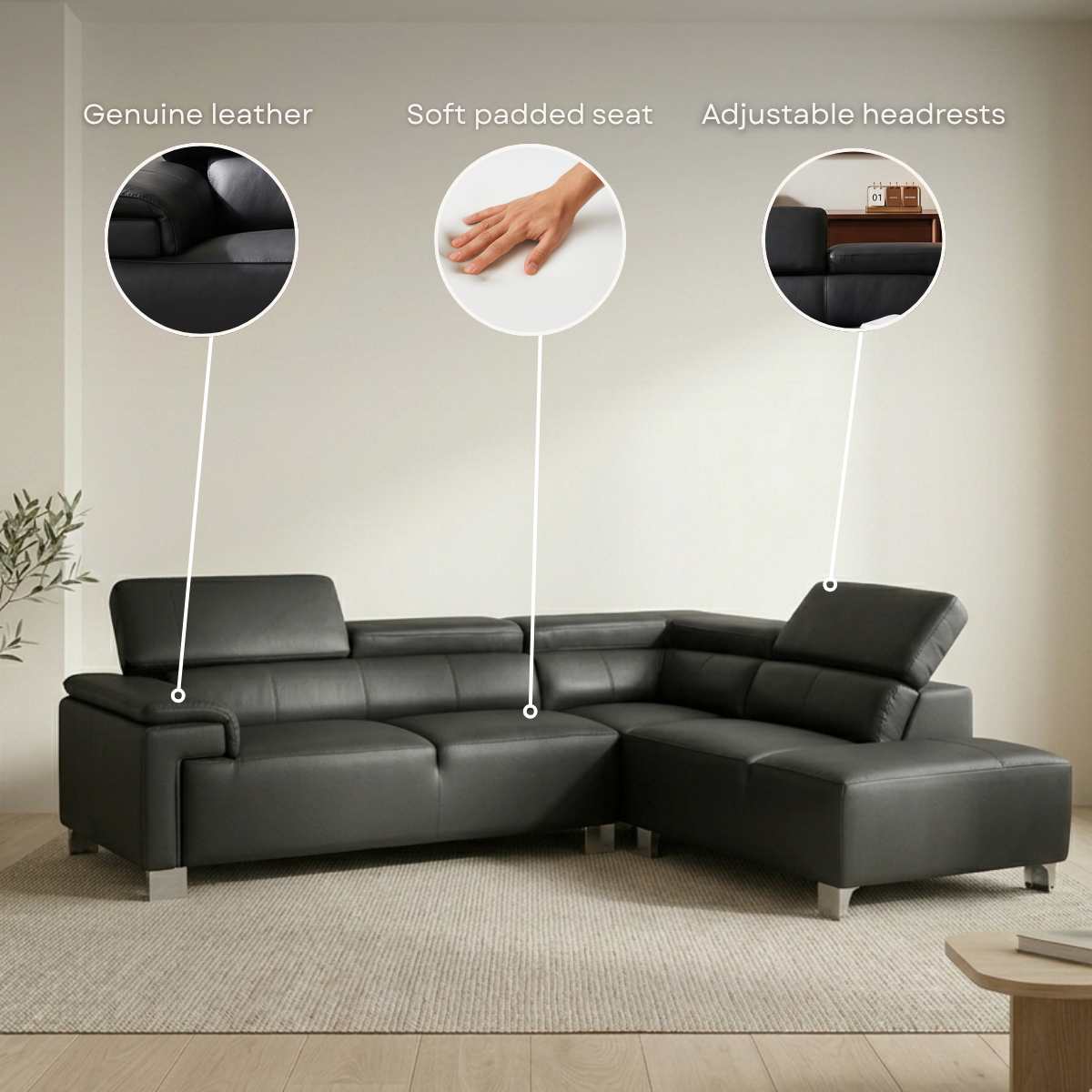 Genuine Leather Mid Grey Right Hand Facing Corner Sofa LIVORNO