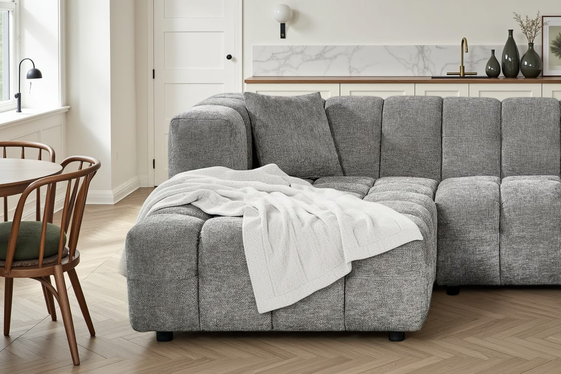 Sage Green Chenille Fabric Right Hand Facing Corner Sofa with Ottoman LUGANO