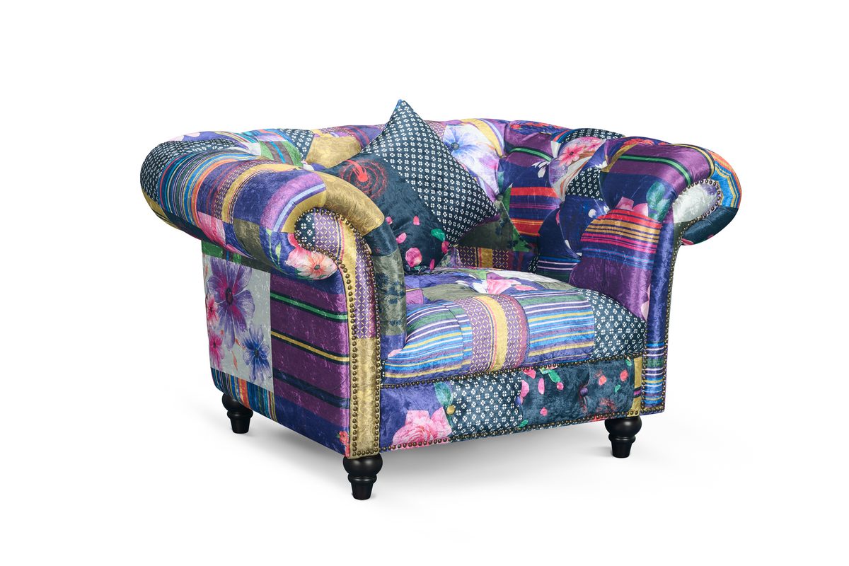 Multicoloured Fabric Patchwork 1 Seater Scroll Arm Chesterfield Portofino Sofa