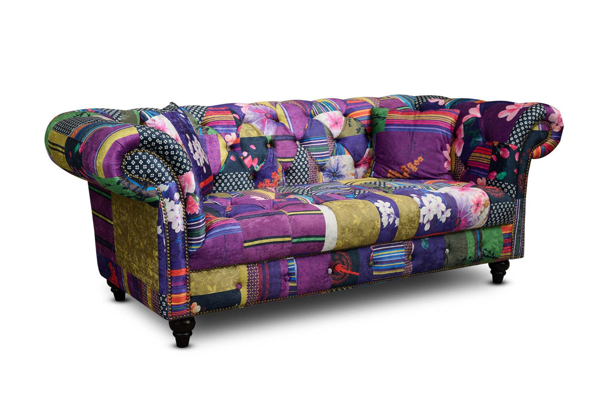 Multicoloured Fabric Patchwork 2 Seater Scroll Arm Chesterfield Portofino Sofa