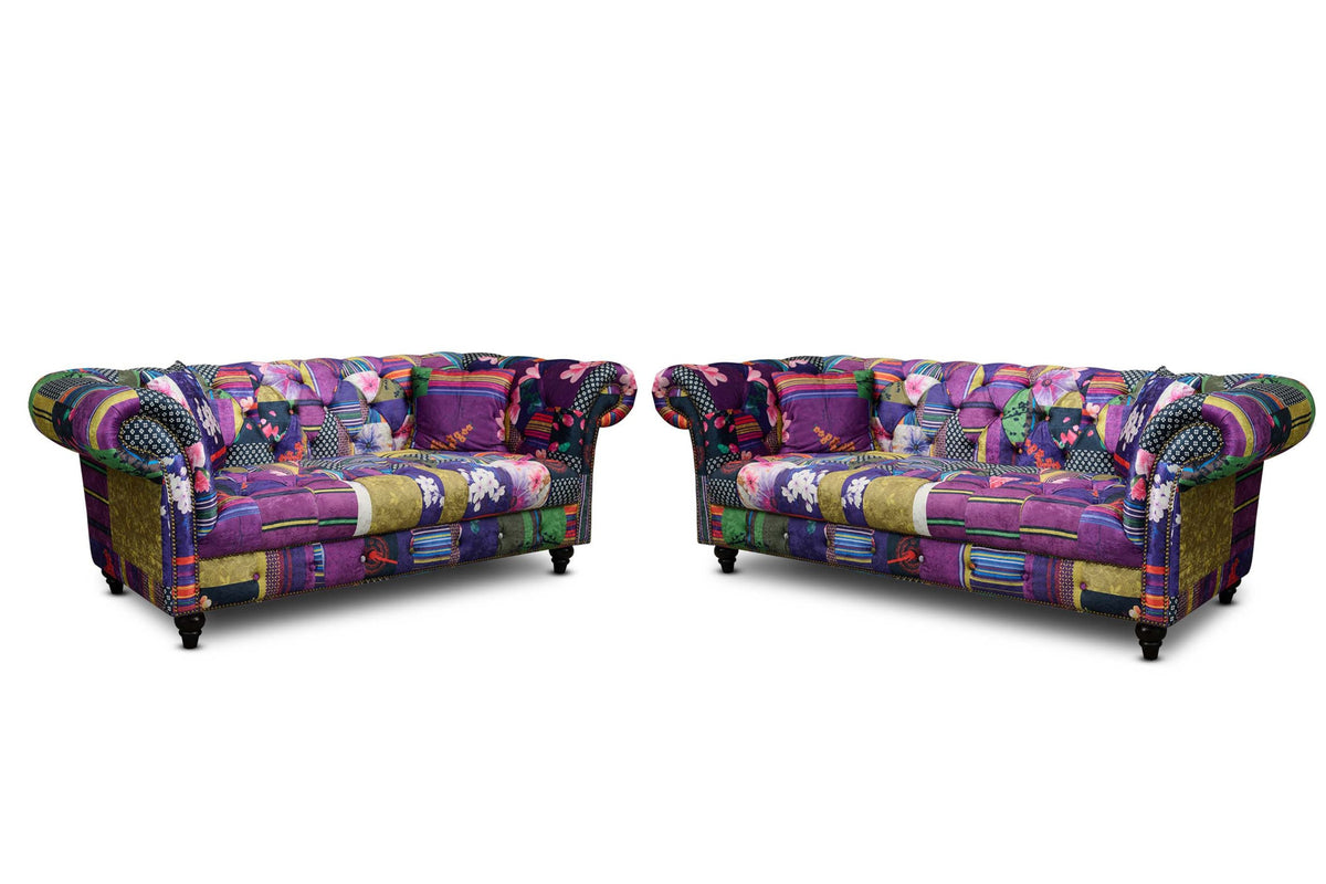 Multicoloured Fabric Patchwork 3+2 Seater Scroll Arm Chesterfield Portofino Sofa Set