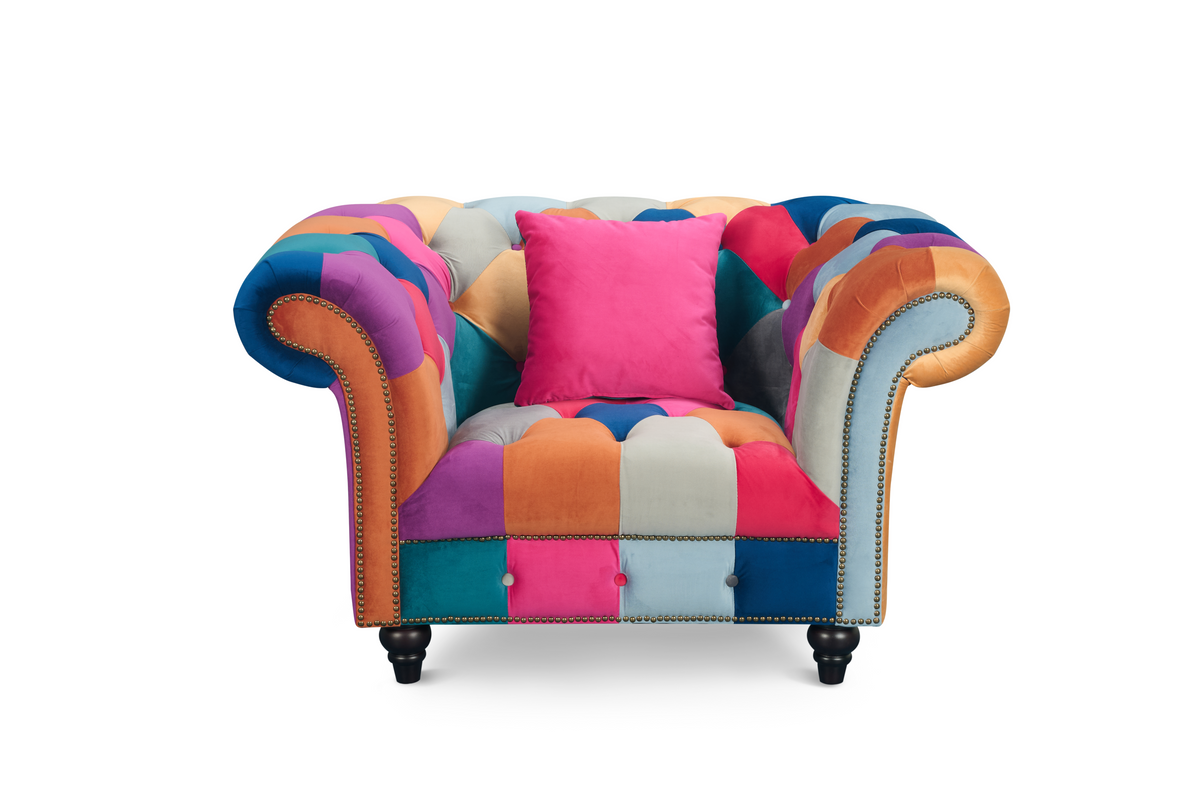 Multicoloured Velvet Patchwork 1 Seater Scroll Arm Chesterfield Portofino Sofa