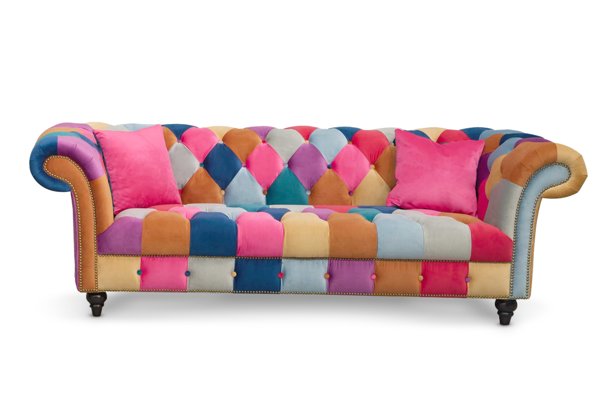Multicoloured Velvet Patchwork 3 Seater Scroll Arm Chesterfield Portofino Sofa