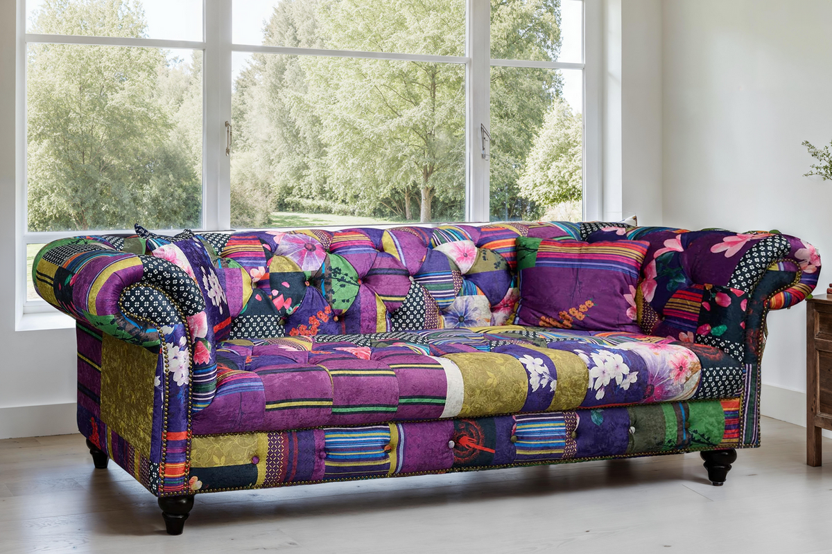 Multicoloured Fabric Patchwork 3 Seater Scroll Arm Chesterfield Portofino Sofa