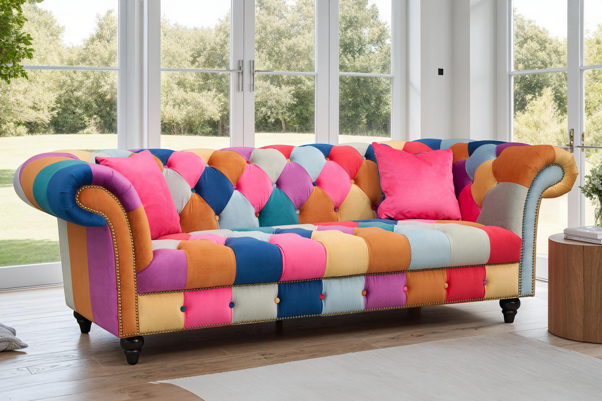 Multicoloured Velvet Patchwork 3 Seater Scroll Arm Chesterfield Portofino Sofa