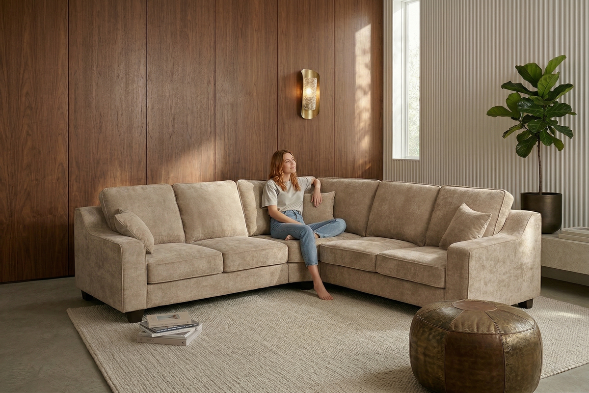 Grey Chenille Fabric Left Hand Facing L-Shaped Sofa with Chaise NATHAN