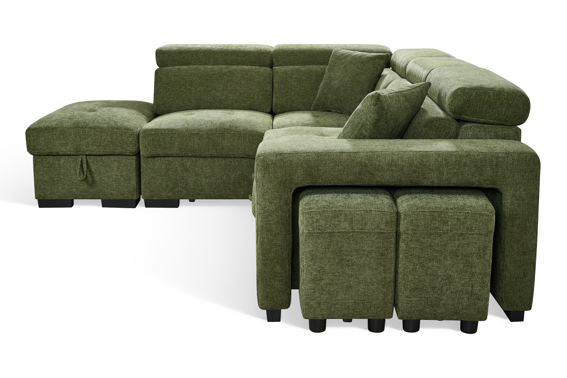 Olive Green Chenille Fabric 1C2 Corner Sofabed with Storage and Ottomans AMELIA