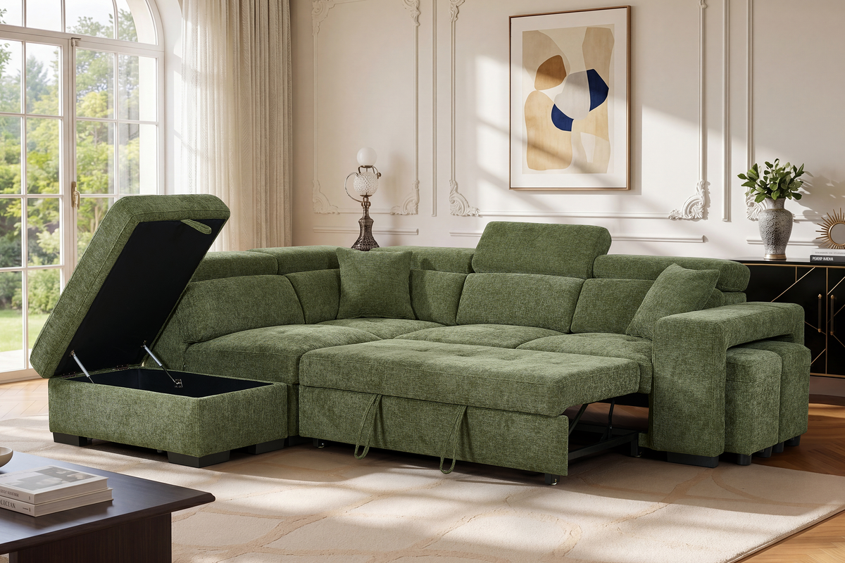Olive Green Chenille Fabric 1C2 Corner Sofabed with Storage and Ottomans AMELIA
