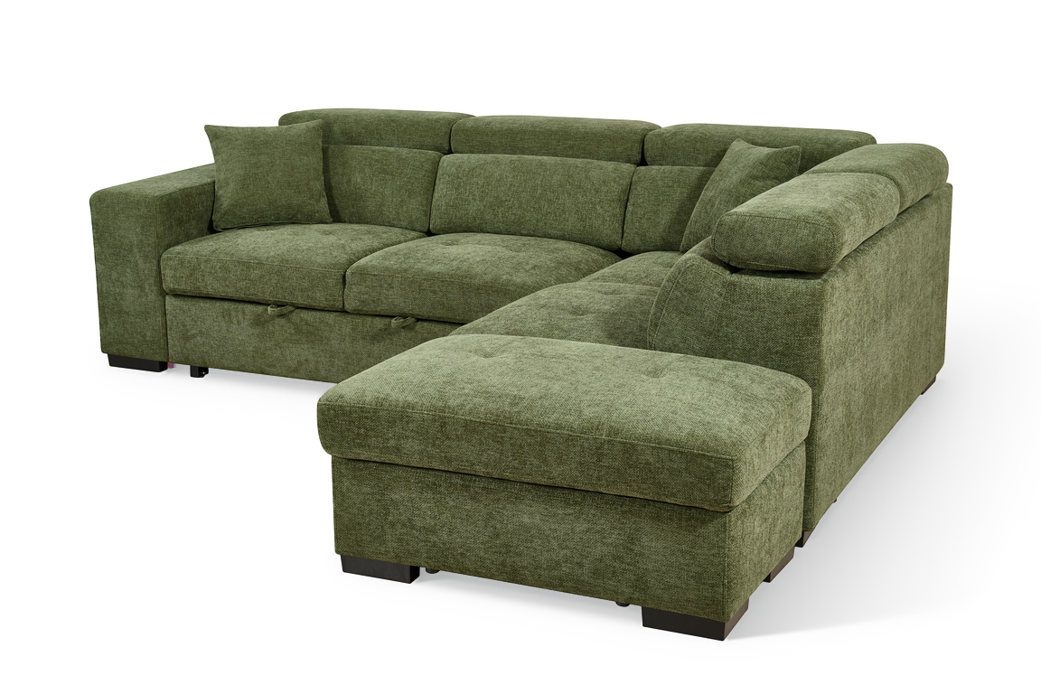 Olive Green Chenille Fabric 2C1 Corner Sofabed with Storage and Ottomans AMELIA