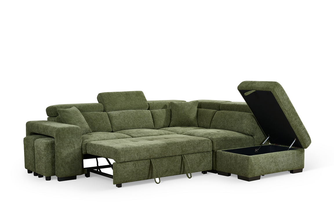 Olive Green Chenille Fabric 2C1 Corner Sofabed with Storage and Ottomans AMELIA