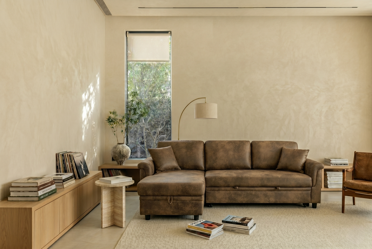 Faux Leather Suede Brown 2C1 Corner Sofabed with Chaise OSCAR