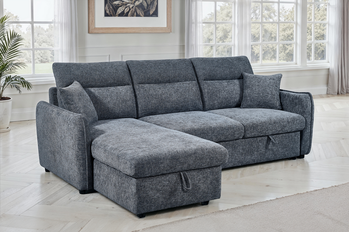 Pale Blue Chenille Fabric 1C2 Corner Sofabed with Storage ARCHIE