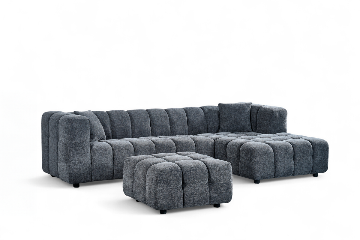 Pale Blue Chenille Fabric Right Hand Facing Corner Sofa with Ottoman LUGANO