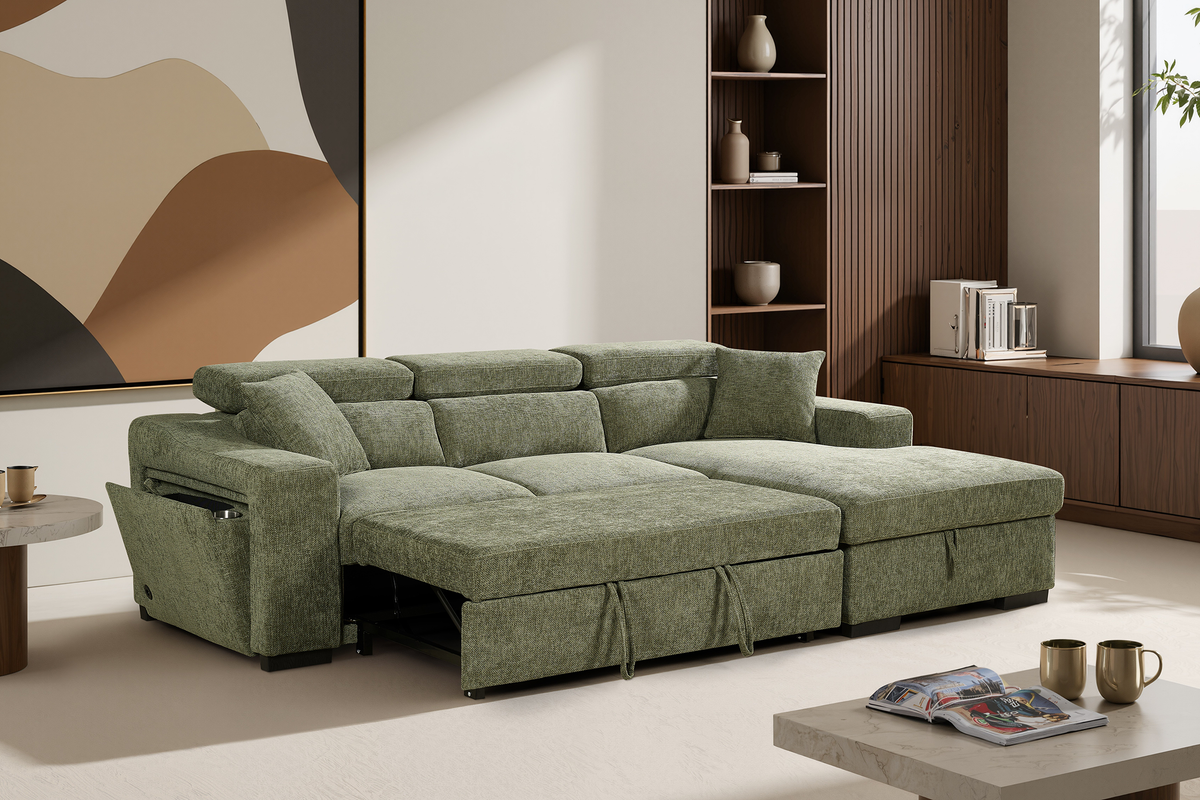 Green Chenille Fabric 2C1 Corner Sofabed with Storage ARTHUR