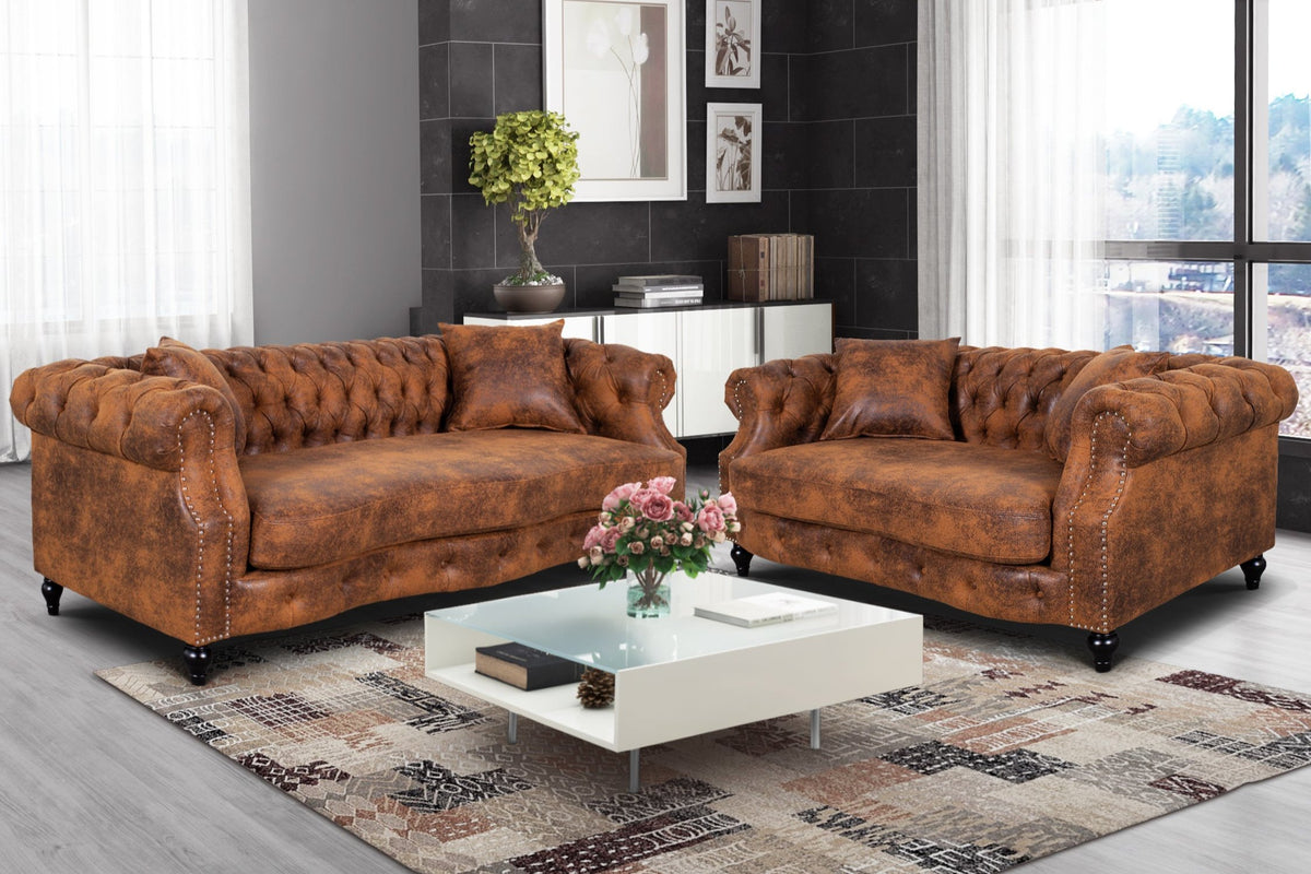 Faux Leather Suede Brown 3 + 2 Seater Chesterfield Sofa Set RICHMOND