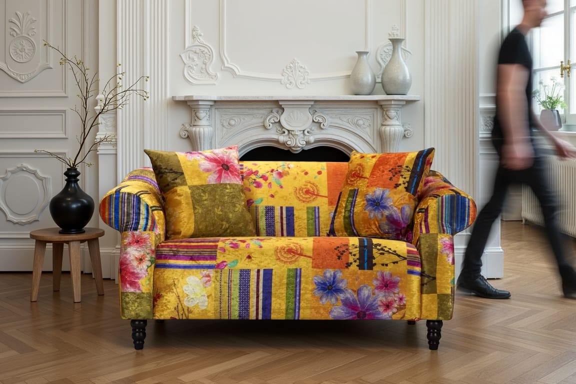 Fabric Green Patchwork 2 Seater Sofa AVICI SHOUT