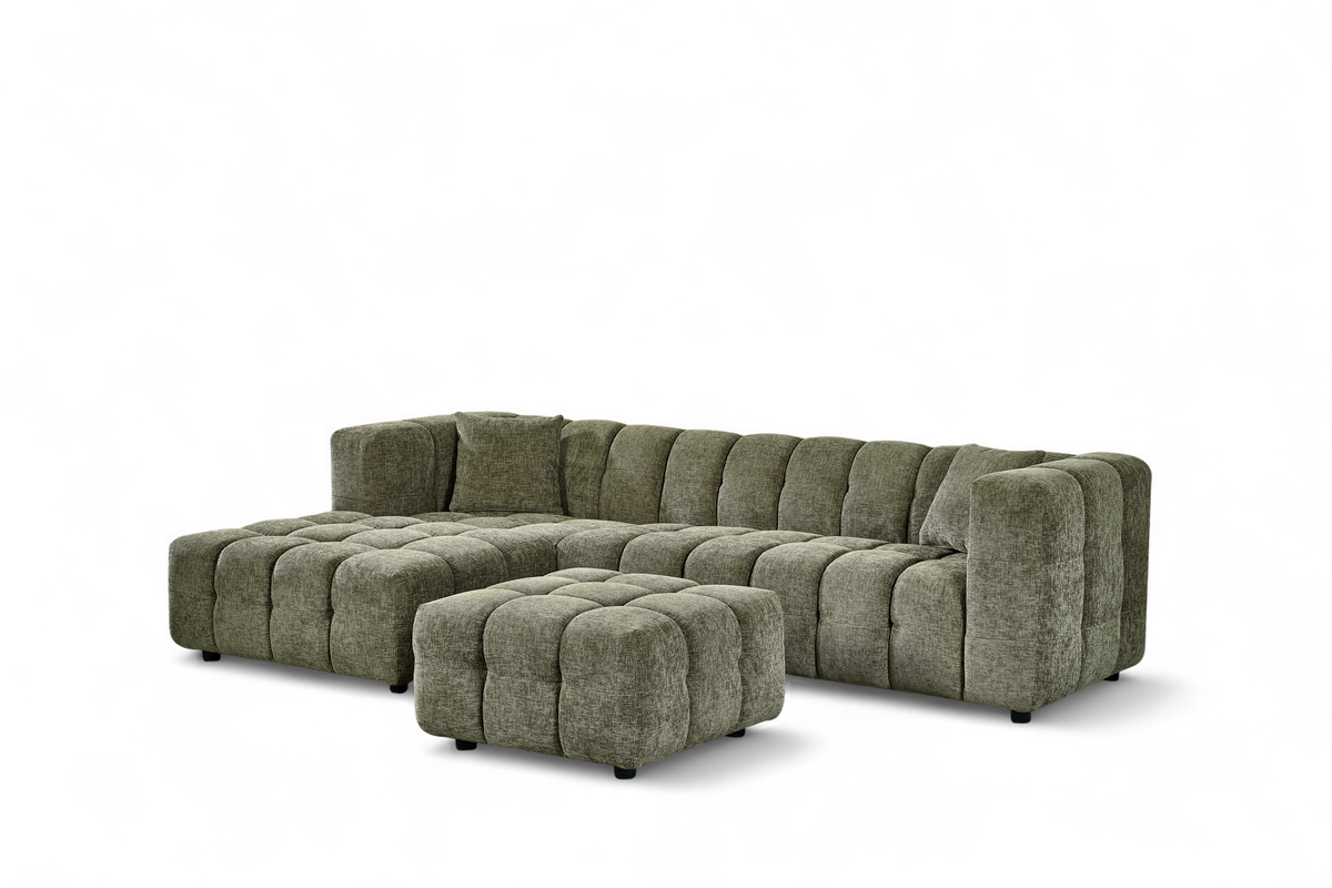 Sage Green Chenille Fabric Left Hand Facing Corner Sofa with Ottoman LUGANO