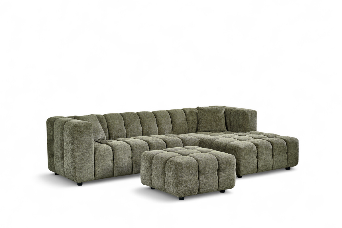 Sage Green Chenille Fabric Right Hand Facing Corner Sofa with Ottoman LUGANO