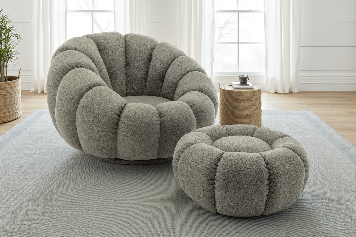 Teddy Boucle Fabric Sage Green 1 Seater Swivel Sofa with Footstool MIRIELLE