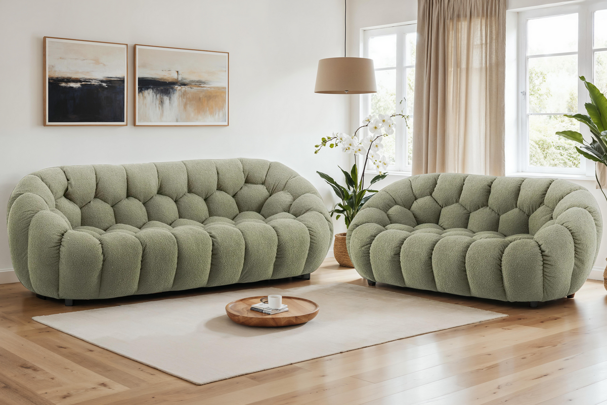 Teddy Boucle Fabric Sage Green Atrani 3 + 2 Seater Sofa Set