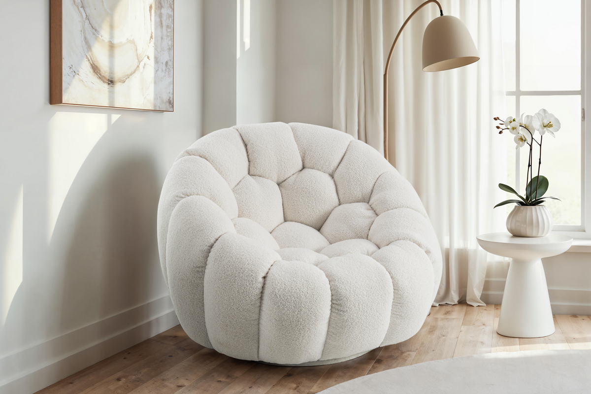 Teddy Boucle Fabric White Atrani 1 Seater Swivel Sofa Background